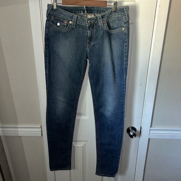 True Religion Julie 90s/Y2K Vintage USA Mid Rise Light Blue Skinny Jeans Size 32 - Picture 2 of 10
